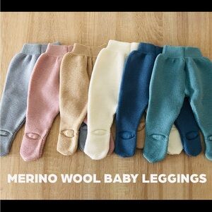 Merino Wool Baby Footed Leggings Baby Pants in Khaki Beige - 6-12 Months